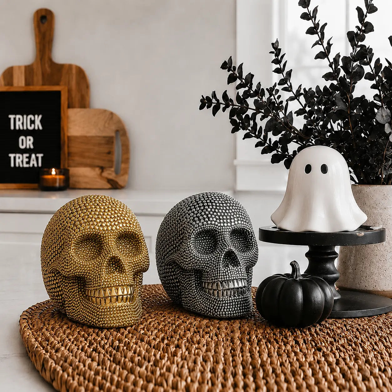 Decorative skulls, a ghost, and pumpkin on a woven surface with Halloween-themed decor in the background.
