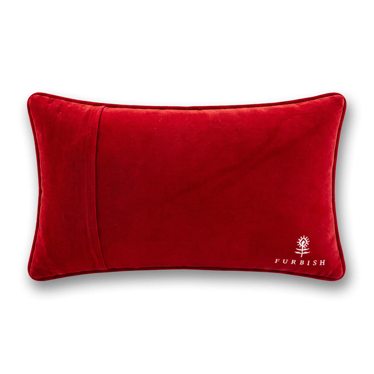A rectangular red velvet lumbar pillow with a white embroidered FURBISH logo in the bottom right corner, shown on a clean white background.