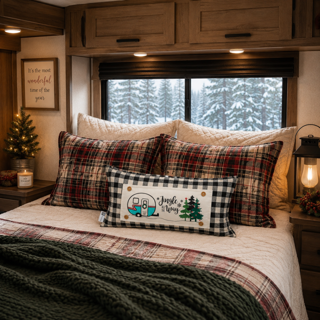 A cozy bedroom scene inside an RV or cabin, featuring a bed with plaid and buffalo check pillows, a decorative pillow with a camper illustration and the words 'Jingle a Ways,' a lit bedside lamp, and a snowy forest visible through the window.