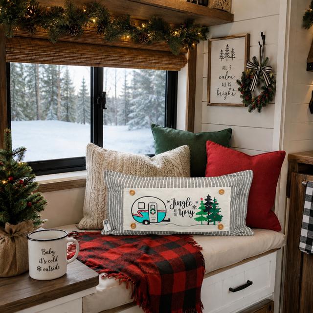 A cozy indoor winter scene with a window seat decorated with multiple throw pillows, including a central rectangular pillow that reads "Jingle Up My" with a camper and Christmas tree illustration. A red-and-black plaid blanket, framed wall art, pine garland, and snowy outdoor view are visible.