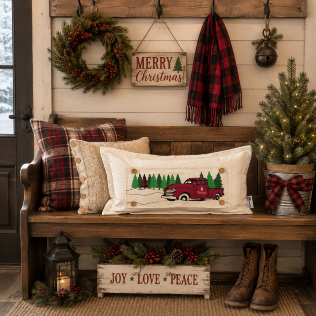 Red Buffalo Plaid Christmas Tree Truck Interchangeable Rectangle Pillow Panel