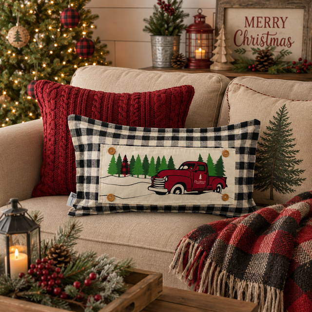 Red Buffalo Plaid Christmas Tree Truck Interchangeable Rectangle Pillow Panel