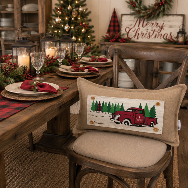 Red Buffalo Plaid Christmas Tree Truck Interchangeable Rectangle Pillow Panel