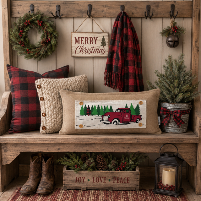 Red Buffalo Plaid Christmas Tree Truck Interchangeable Rectangle Pillow Panel