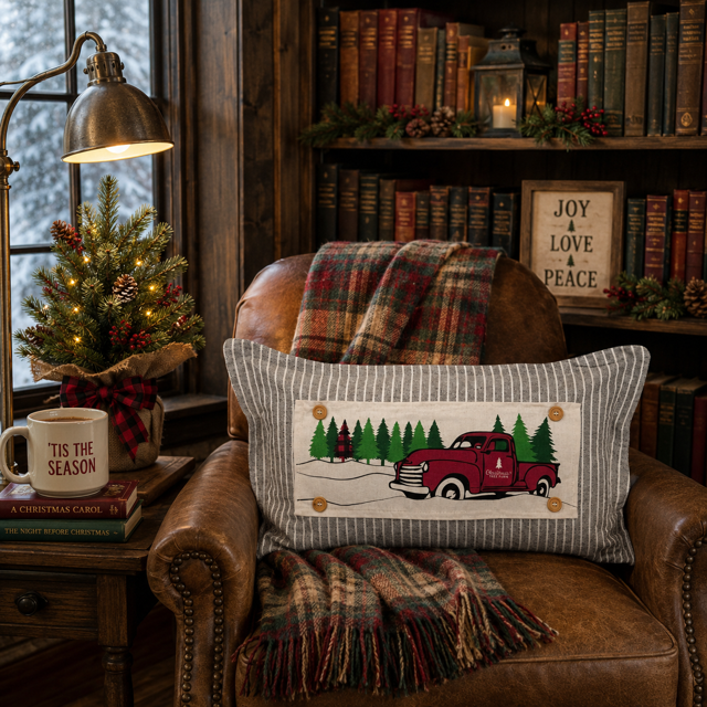 Red Buffalo Plaid Christmas Tree Truck Interchangeable Rectangle Pillow Panel