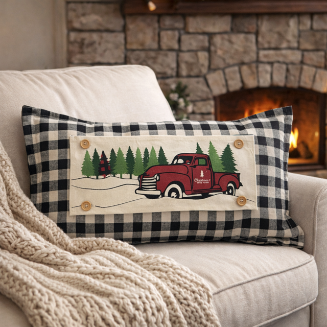 Red Buffalo Plaid Christmas Tree Truck Interchangeable Rectangle Pillow Panel