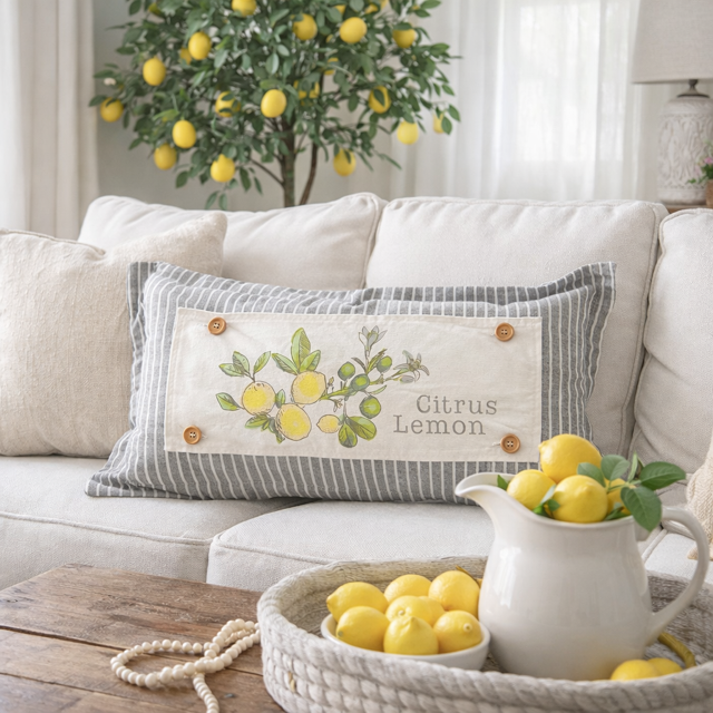Living room with a couch featuring a 'Citrus Lemon' pillow, lemon-themed decor, and a lemon tree in the background.