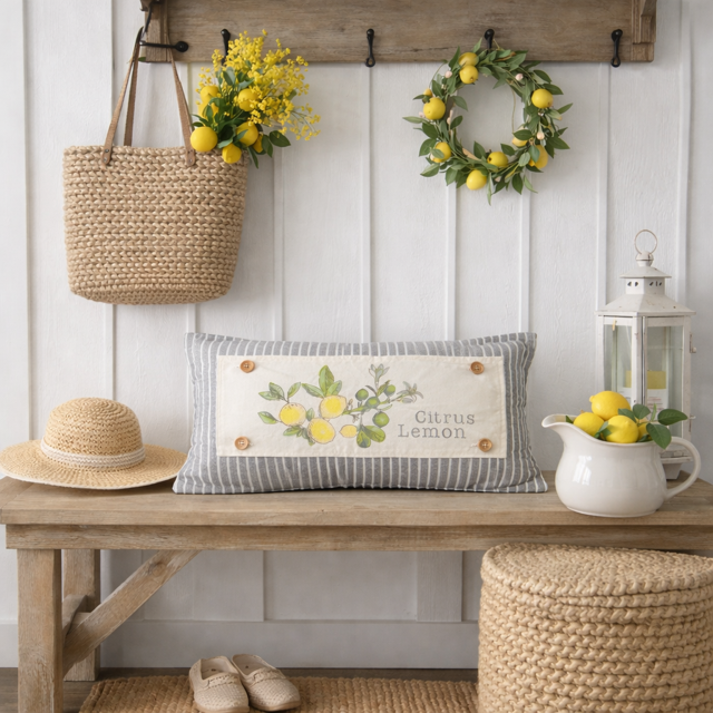 Decorative entryway with a pillow, lemon-themed decor, and a bench.