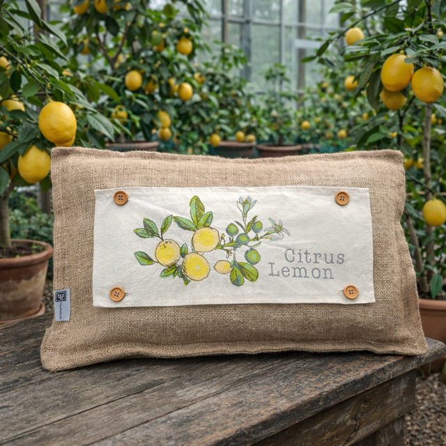 Decorative pillow with lemon design and text in a garden setting