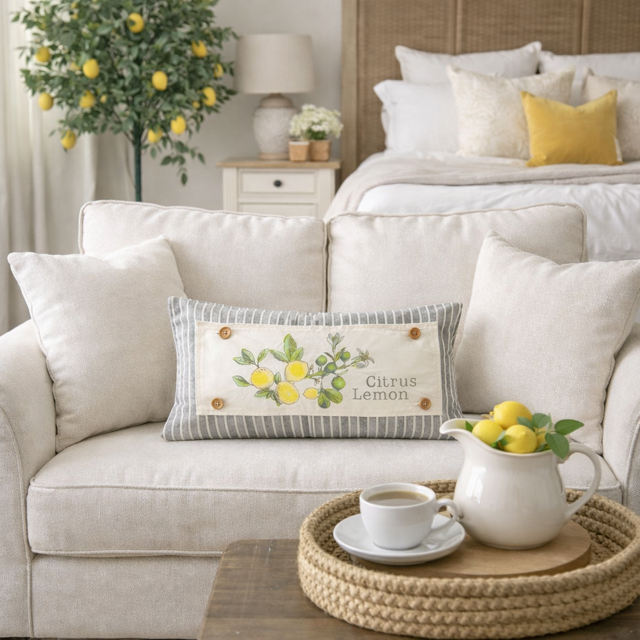 Cozy living room with a couch, coffee table, and decorative elements.