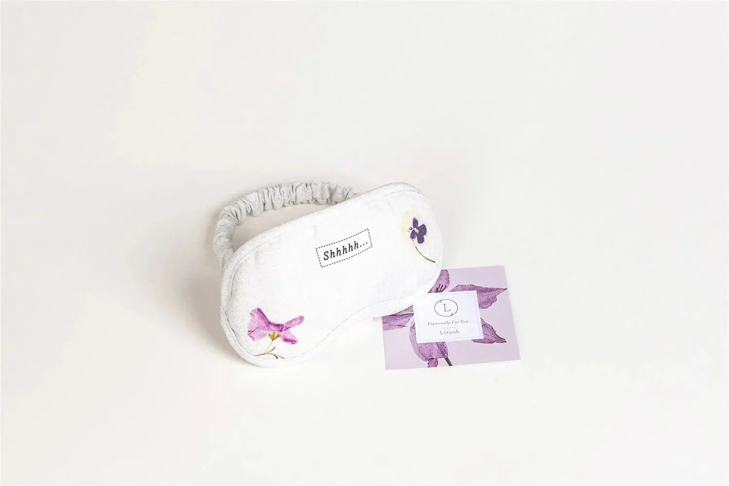 White floral sleep mask with 'Shhhhh...' text, cozy home decor gift for peaceful rest