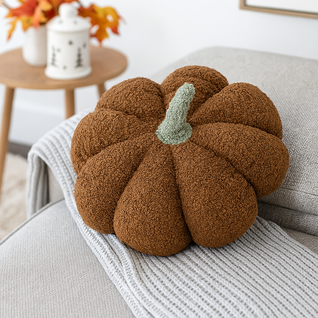 Brown pumpkin-shaped pillow on a gray couch with a blurred background