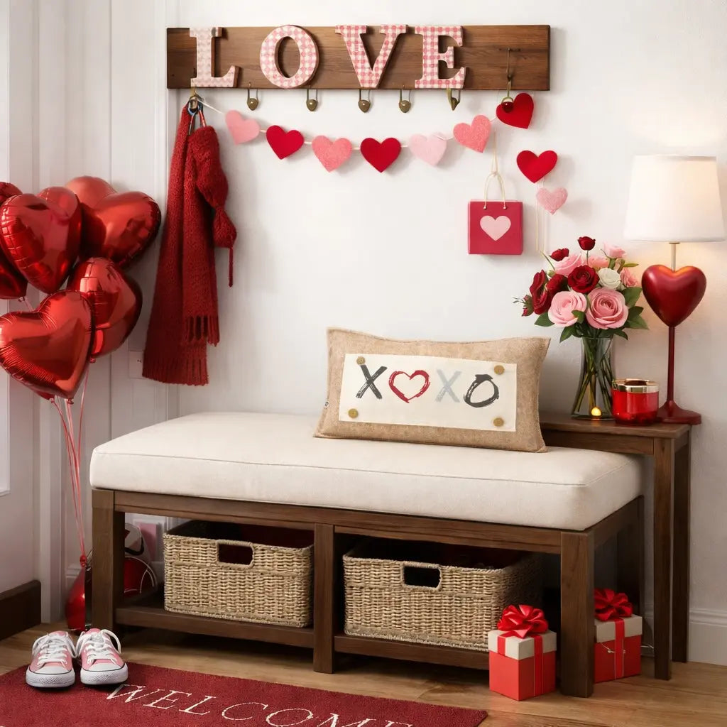 Decorative room interior with 'LOVE' sign, heart balloons, and Valentine's Day decor.