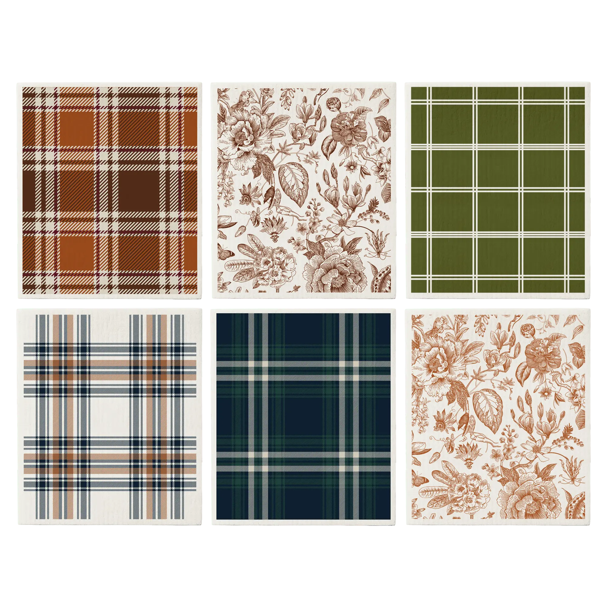 Six square fabric or wallpaper swatches arranged in a 2x3 grid on a solid green background. The designs include plaid and floral toile patterns in brown, rust, olive green, navy, and peach tones.
