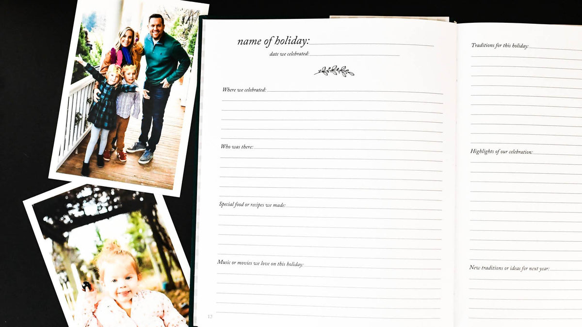 holiday memory book by Duncan & Stone with family photos, husband and wife with two children, and a single photo of a small female child