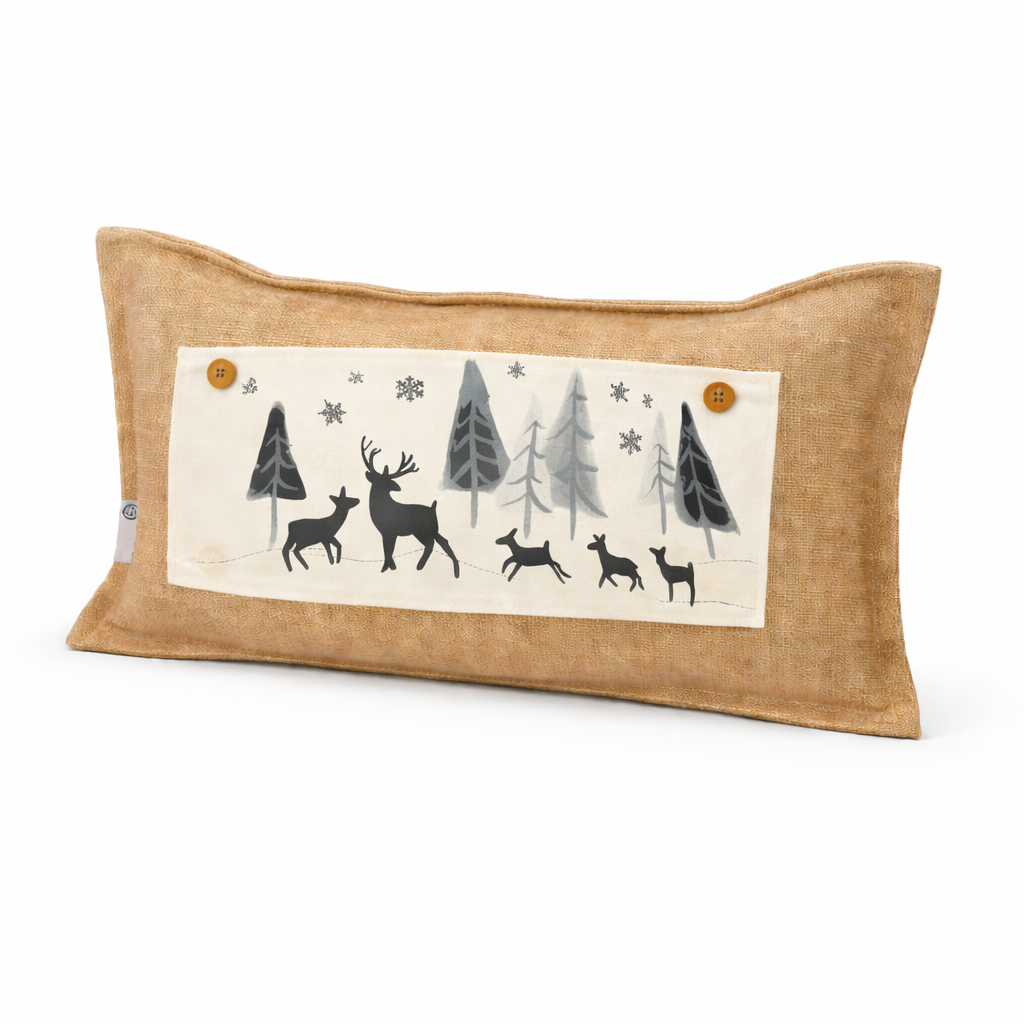 A rectangular tan linen throw pillow featuring a central cream-colored patch with a winter forest design of black and gray deer, pine trees, and small orange decorative accents.