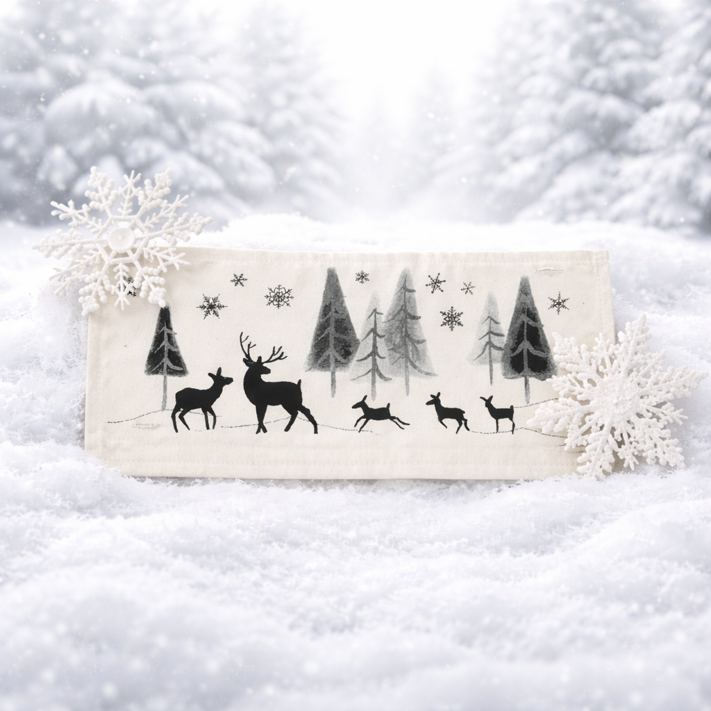 A rectangular cream-colored fabric napkin or tea towel featuring a black and gray winter forest design with deer, trees, and snowflakes, styled in a snowy outdoor setting with white decorative snowflakes.