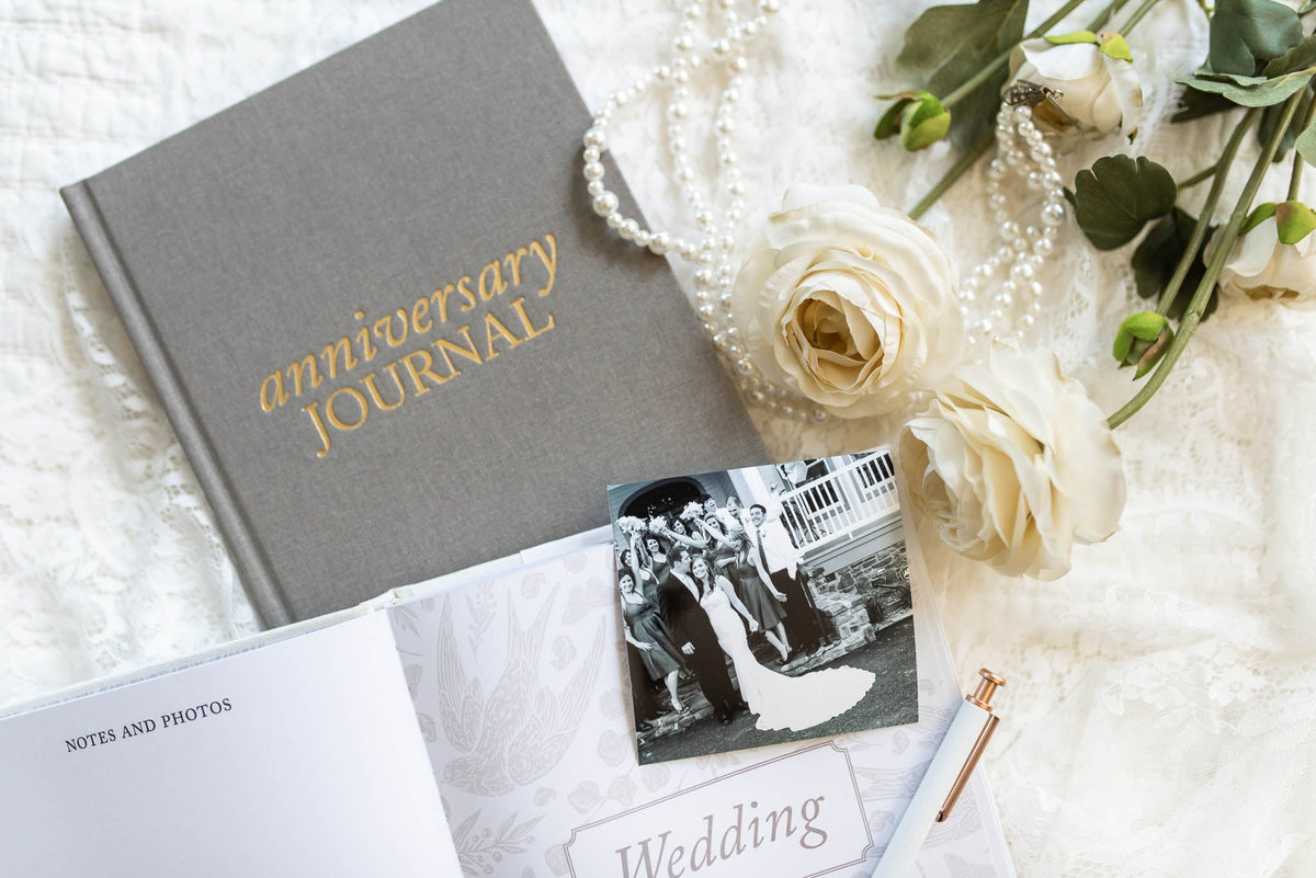 Anniversary Journal with notes notes and photo a pen, pearls roses and greenery