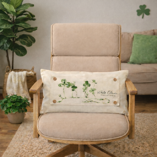 A beige upholstered accent chair in a living room setting, featuring a rectangular cream throw pillow with green shamrock and clover embroidery and the words 'White Clover'.