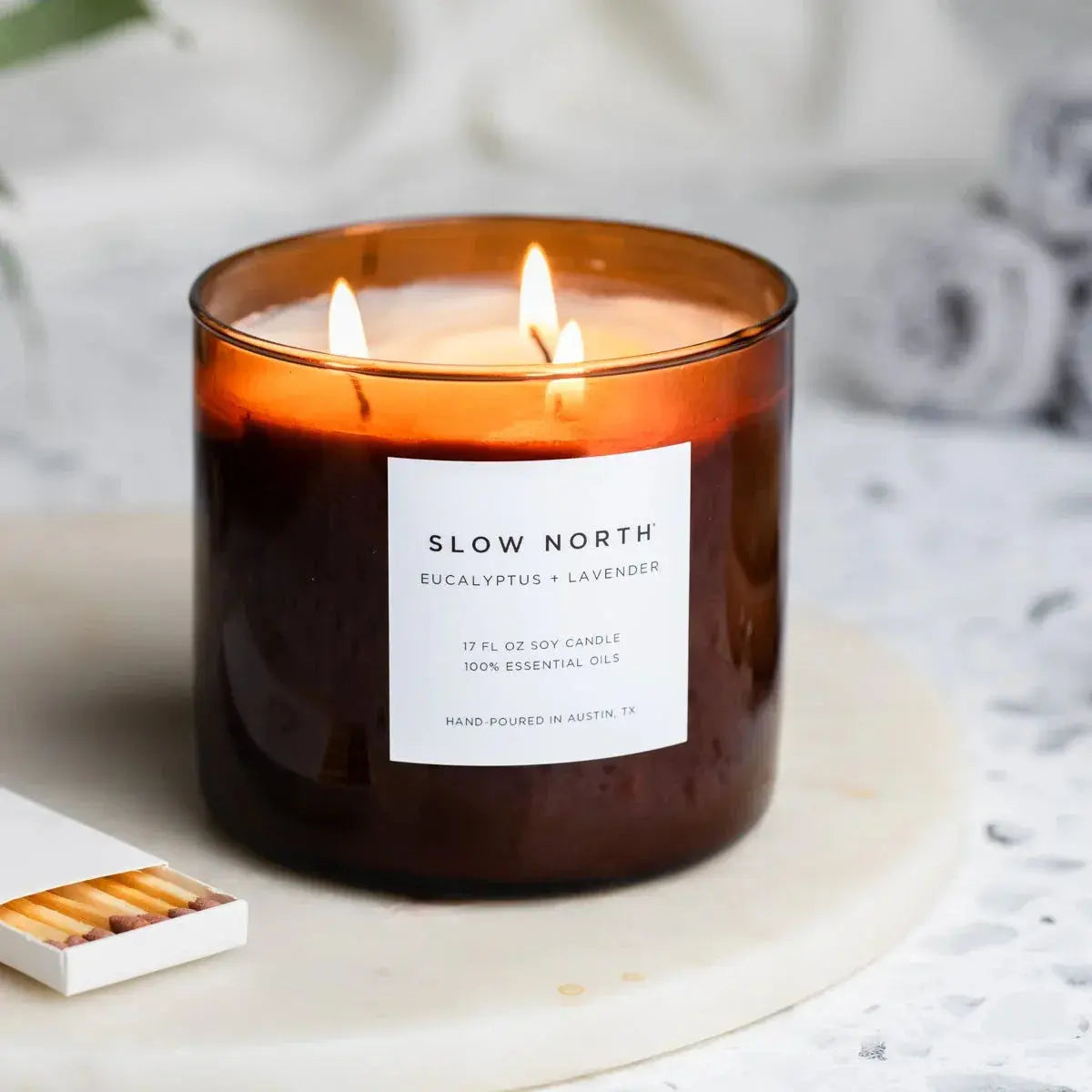 Slow North eucalyptus lavender soy candle, 17 oz, hand-poured in Austin, TX, with three lit wicks