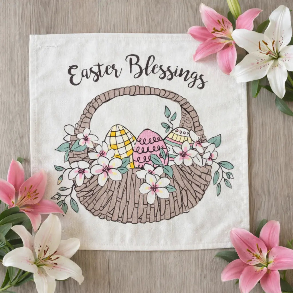 Easter-themed decorative item with 'Easter Blessings' text, basket, eggs, and flowers on a wooden surface.