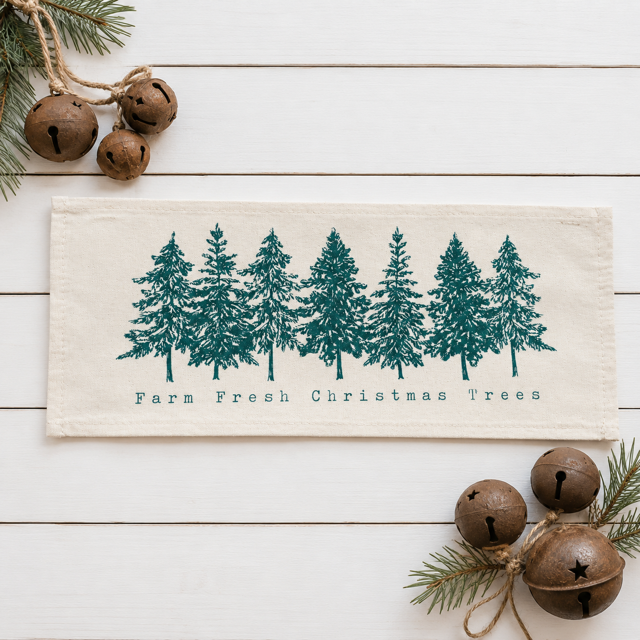 A rectangular cream-colored fabric sign or towel featuring a row of dark teal pine trees and the text 'Farm Fresh Christmas Trees' on a white wood plank background, styled with rustic brown bells and evergreen branches.