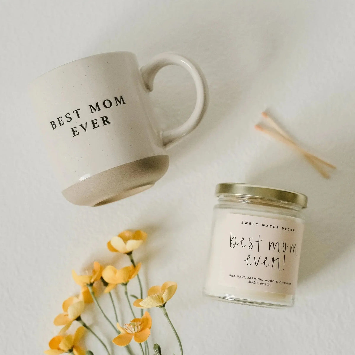 Best Mom Ever mug and candle set with yellow flowers, cozy farmhouse gift idea