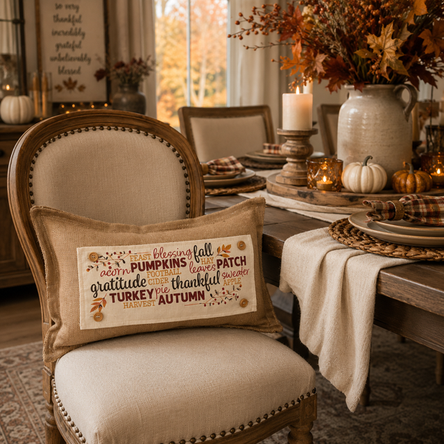 A beige fabric accent pillow with a Thanksgiving-themed word collage sits on a wooden dining chair in a styled dining room setting.
