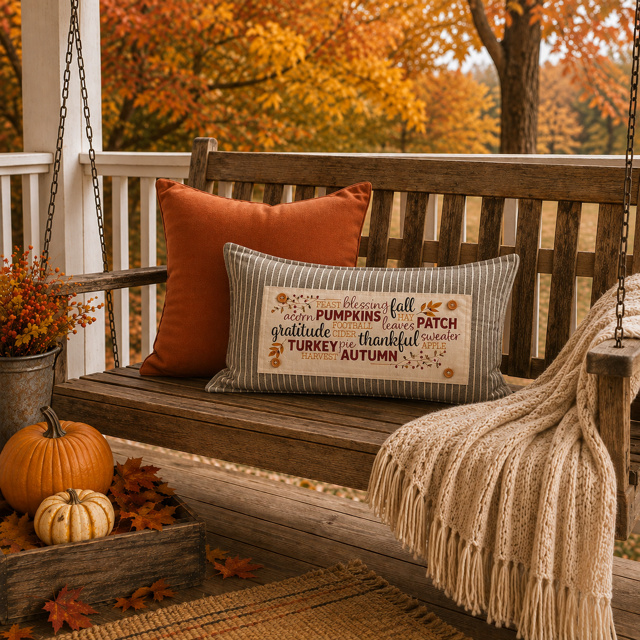 A cozy autumn porch scene with a wooden swing bench, a striped throw pillow featuring fall-themed words, an orange accent pillow, a cream knit throw blanket, pumpkins, and fall foliage in the background.
