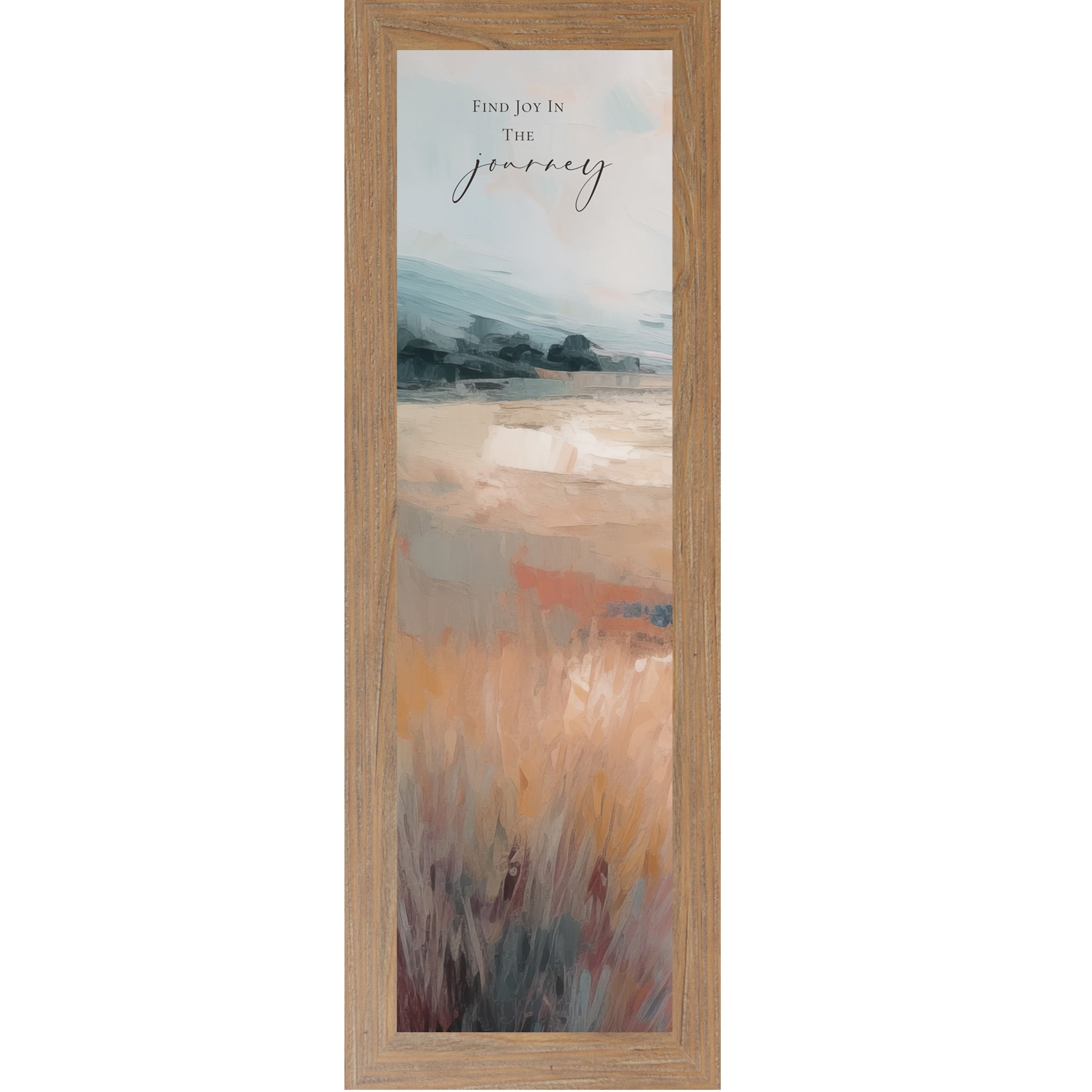 Framed artwork with a scenic landscape and motivational quote on a white background