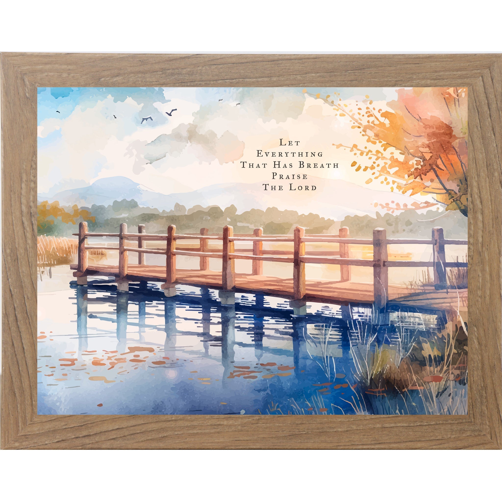 Framed artwork of a wooden bridge over water with a scenic landscape and text.