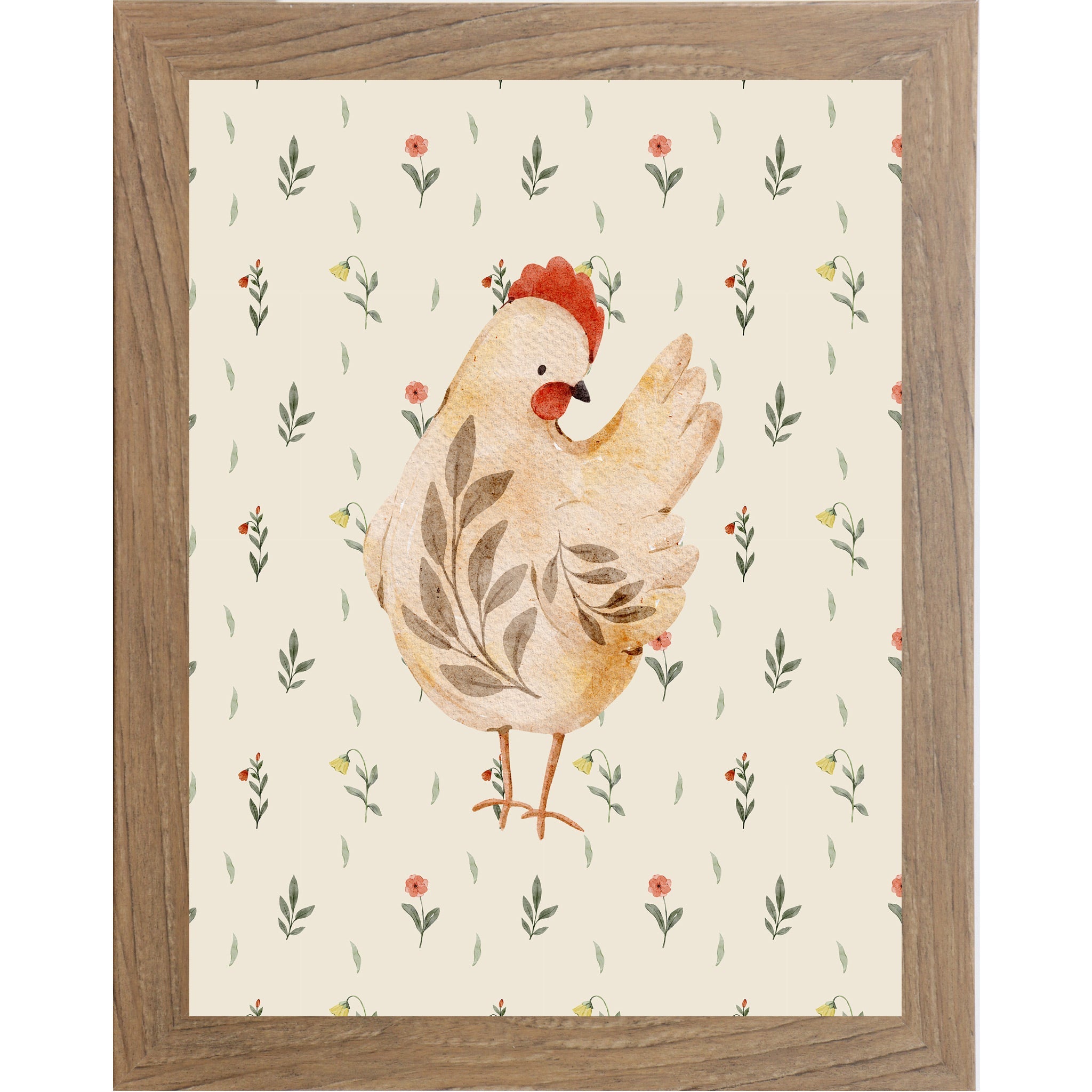 Framed artwork of a chicken with floral patterns on a beige background