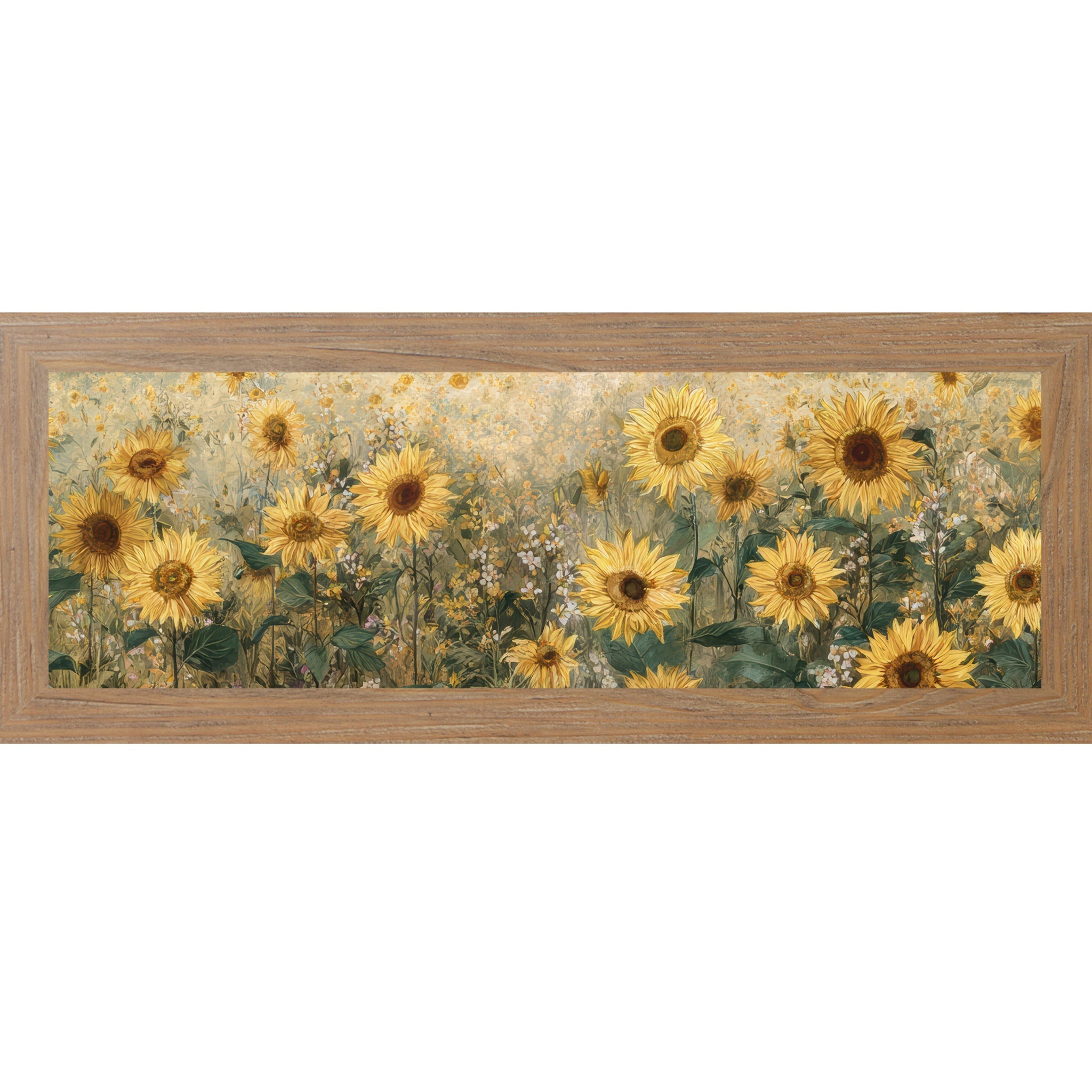 Framed artwork of sunflowers on a white background