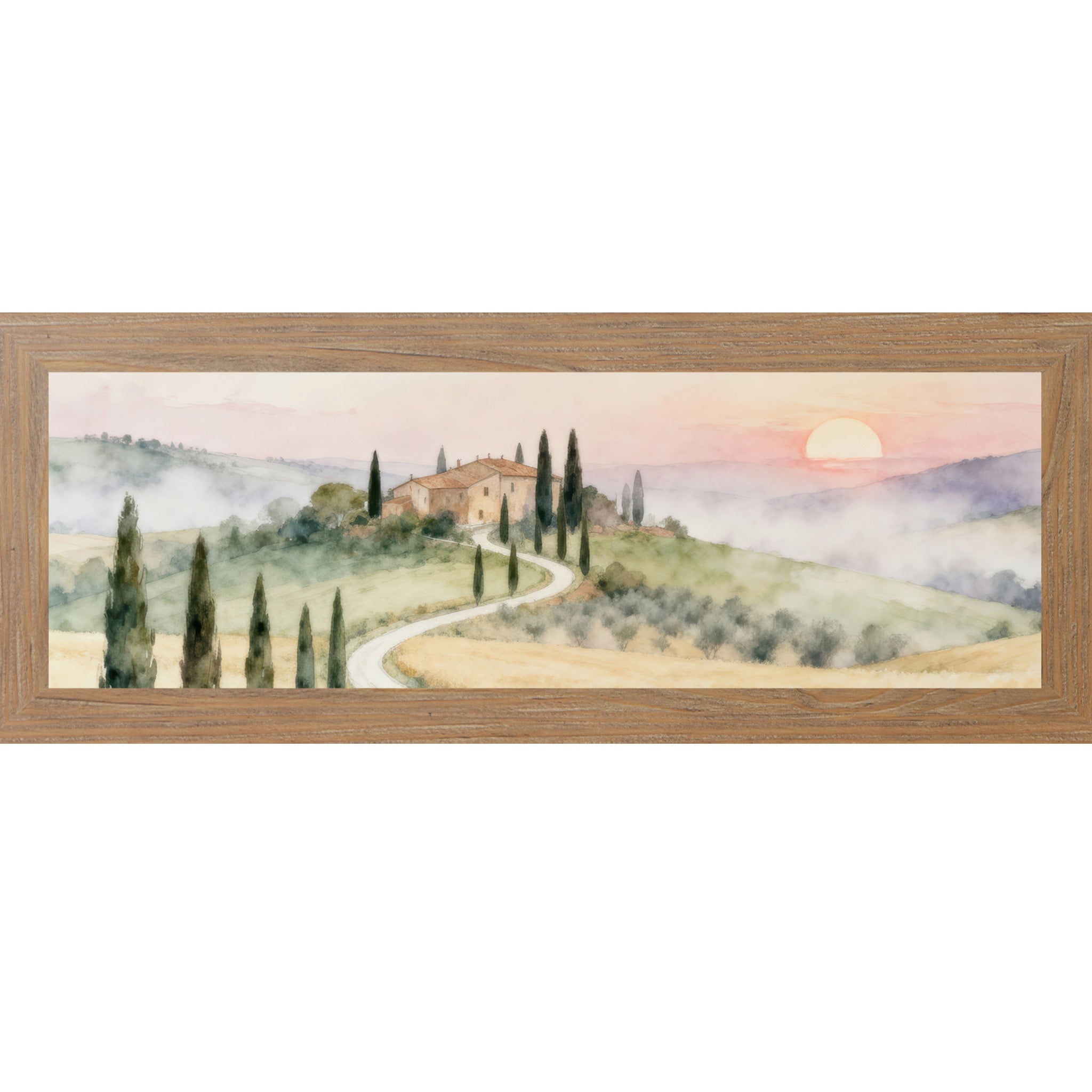 Framed artwork of a Tuscan landscape with a house, cypress trees, and sunset.