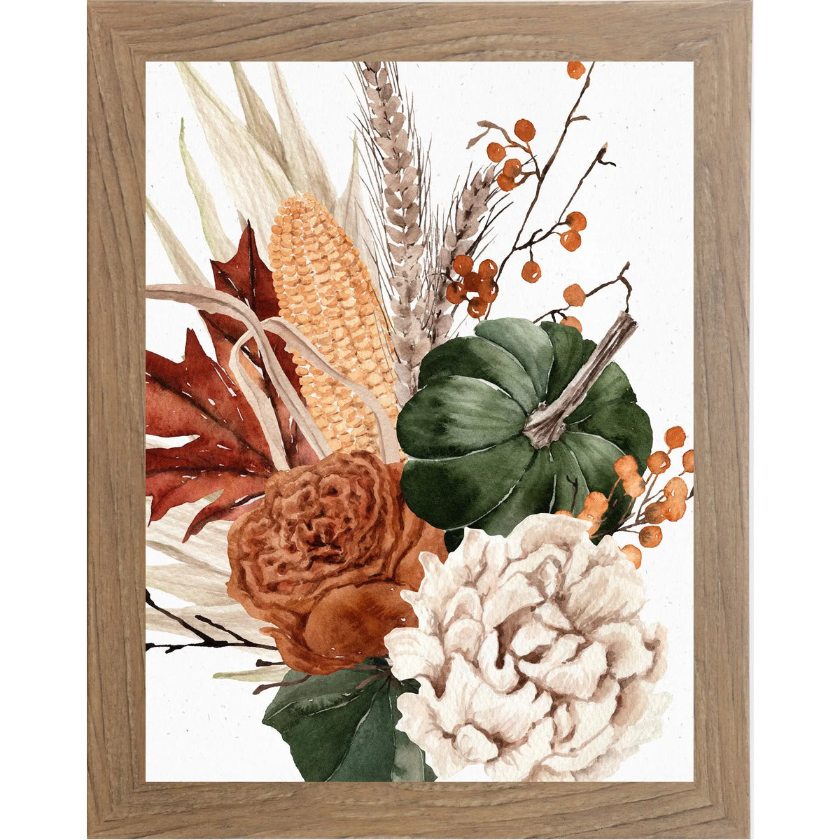 Framed botanical art print featuring a watercolor-style autumn bouquet with a corn cob, green pumpkin, cream peony, rust rose, dried leaves, and orange berries on a white background, enclosed in a light brown wood frame.