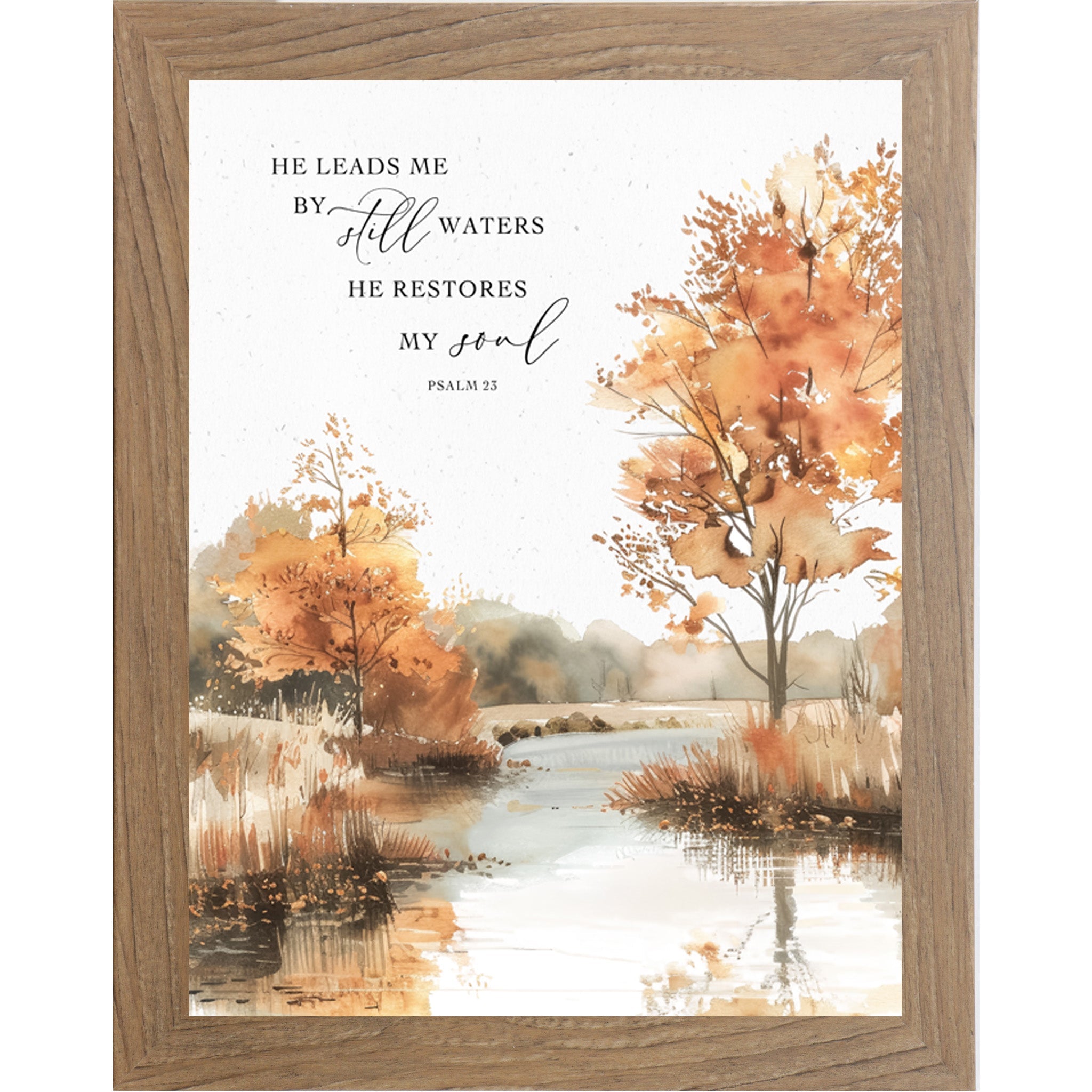 Framed print with autumn landscape and inspirational quote on a white background
