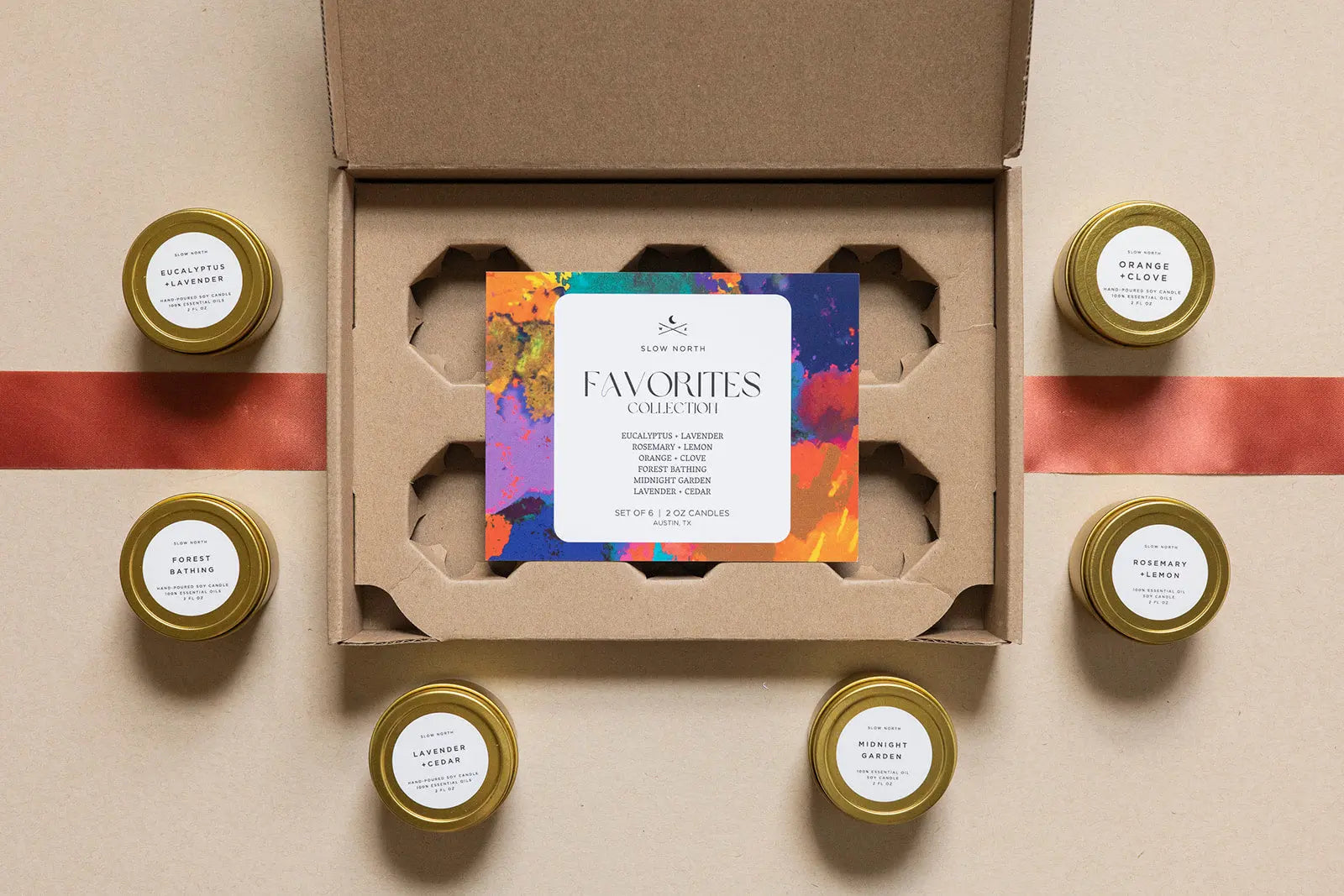 Favorites Collection set of 6 hand-poured soy candles in gold tins, perfect for cozy home decor and gifts