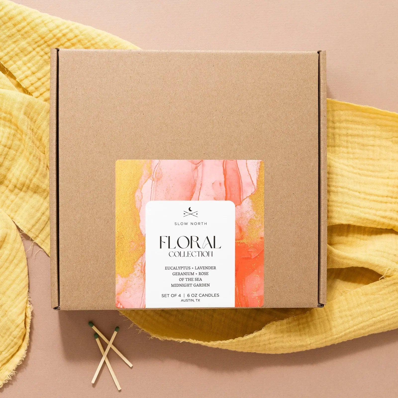 Floral Collection candle set in kraft box with yellow fabric, cozy home decor