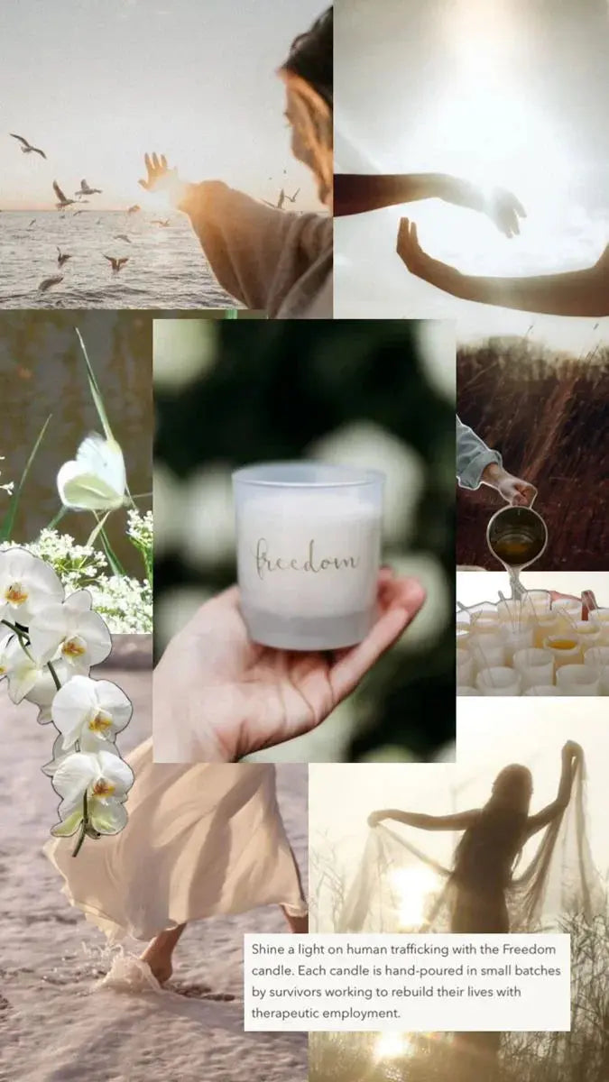 Freedom candle with 'freedom' script, hand-poured in small batches, surrounded by serene nature and uplifting moments