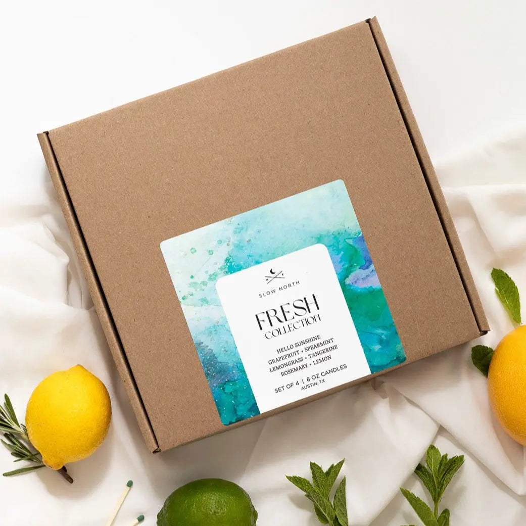 Fresh Collection candle set in kraft box with lemons, lime, and herbs, farmhouse home decor