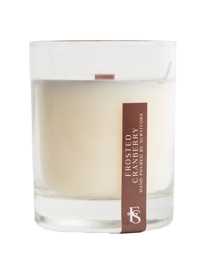 Frosted Cranberry scented candle in clear glass jar, hand-poured, cozy home decor