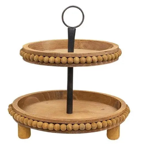 Two-tiered wooden tray with beaded边缘 on a white background
