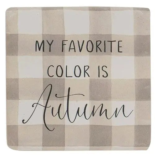 Checkered coaster with 'My Favorite Color is Autumn' text