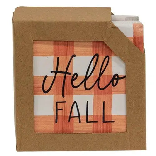 Pack of napkins with 'Hello Fall' text on plaid design, housed in a brown cardboard box.