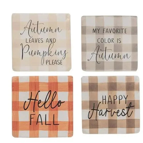 Four autumn-themed coasters with checkered patterns and text.
