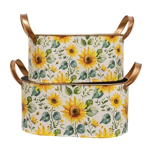 2/Set – Oval Metal Sunflowers Buckets With Handles