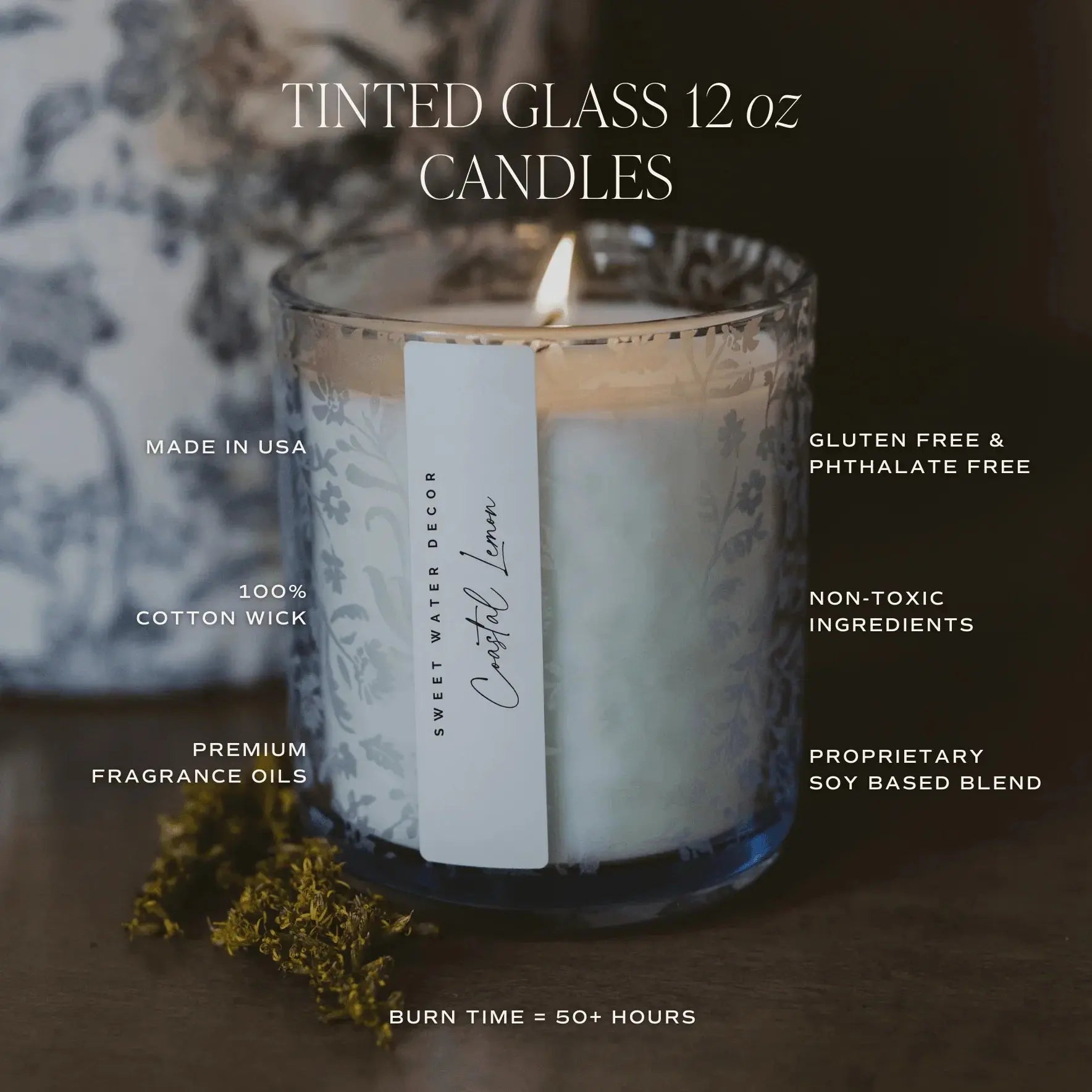 Coastal Lemon scented 12 oz tinted glass candle with cotton wick, soy blend, non-toxic, 50+ hour burn