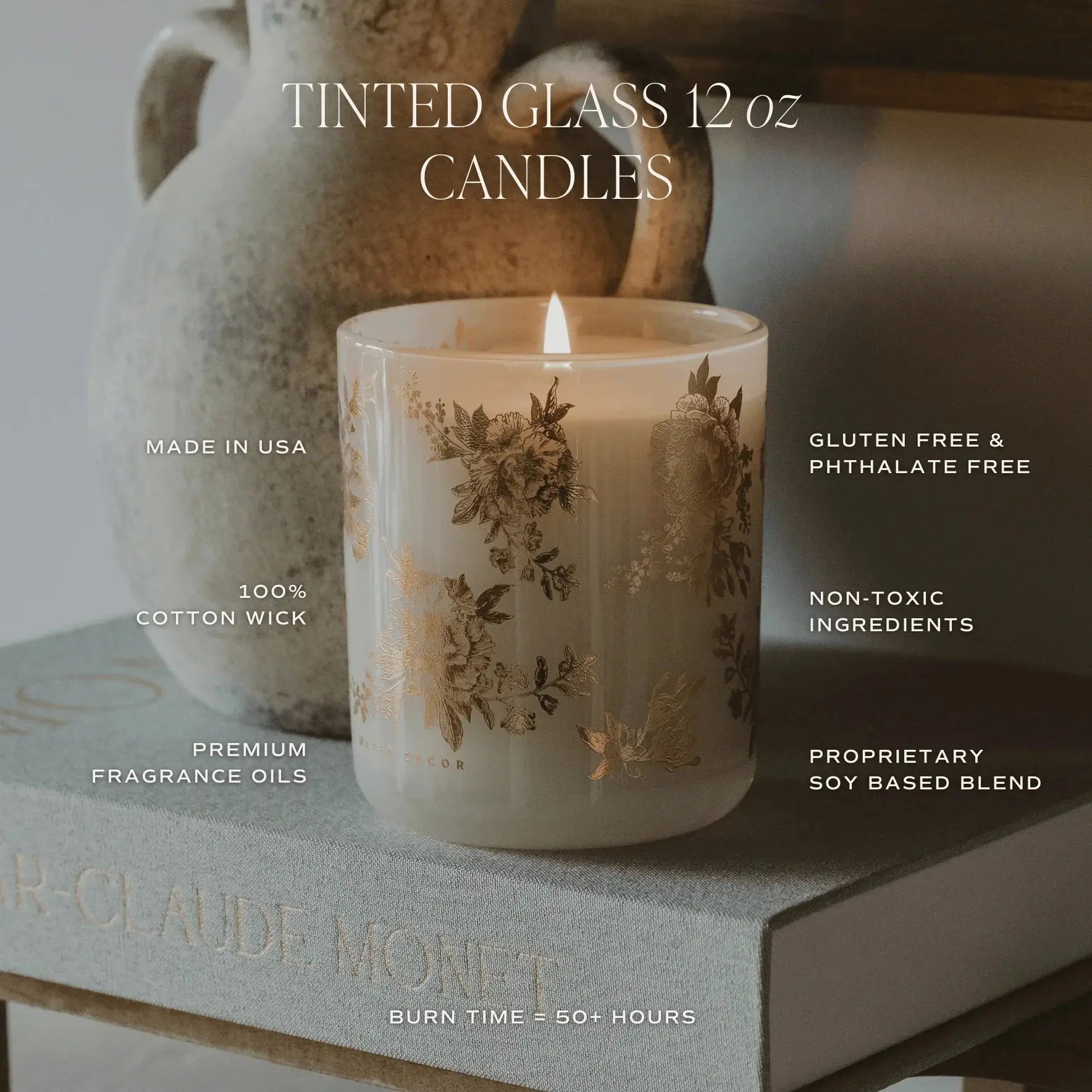 Tinted glass 12 oz candle with gold floral design, soy blend, cotton wick, non-toxic, for cozy home decor