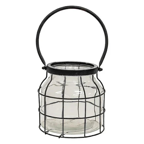 Glass Jar In Black Metal Carrier - 6.75" Dia. x 7"H