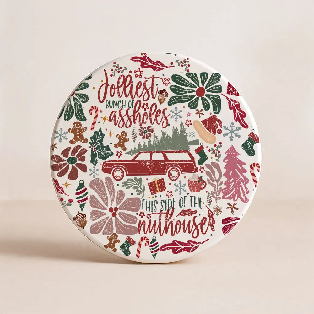 Decorative plate with Christmas-themed design and text on a beige background